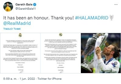 Fuente: Twitter Oficial Gareth Bale (@GarethBale11)