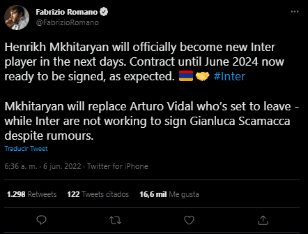 Fabrizio Romano Henrikh Mkhitaryan Inter de Milán