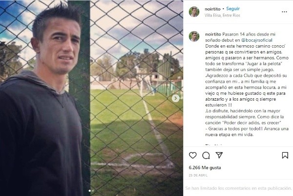 Noir había anunciado su retiro en abril pasado en un mensaje en redes (Instagram @noirtito)