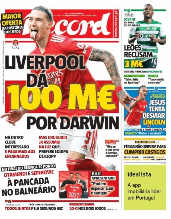 Tapa del diario Récord de Portugal con el interés de Liverpool por Darwin Núñez
