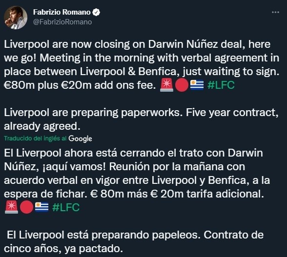 Acuerdo total Liverpool-Benfica por Darwin Núñez (Twitter @FabrizioRomano)