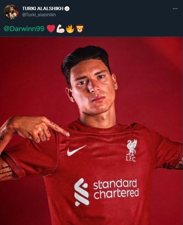 Darwin Núñez jugará en Liverpool (Twitter @Turki_alalshikh)