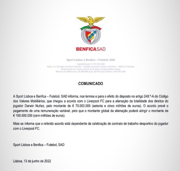 Nota de Benfica a socios