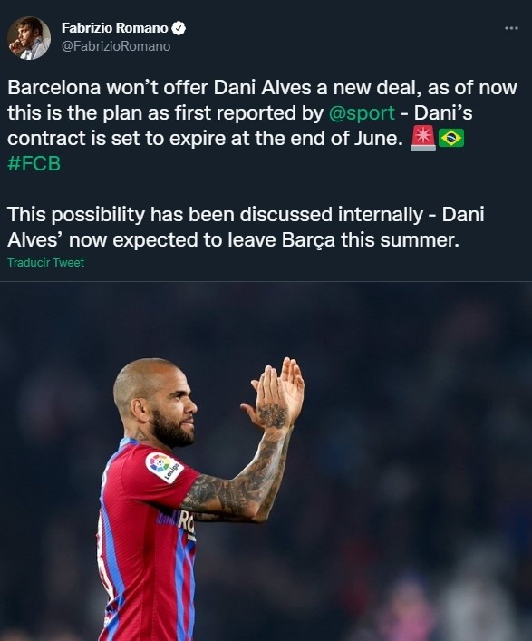 Dani Alves no seguirá en Barcelona (Twitter @FabrizioRomano)