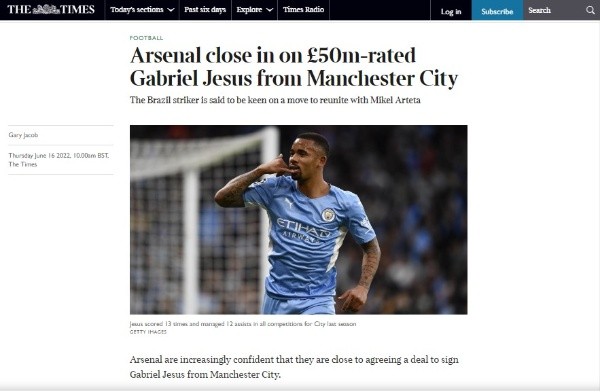 Arsenal va por Gabriel Jesús, pero Manchester City exige más dinero, según The Times
