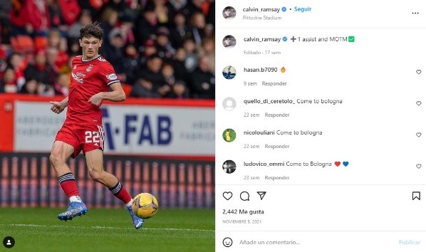 Calvin Ramsay en acción con Aberdeen. Instagram: @calvin_ramsay