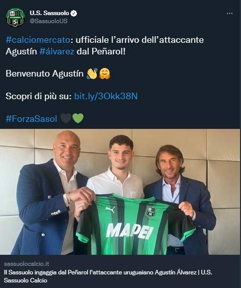 Sassuolo presentó a Agustín Álvarez Martínez (Twitter @SassuoloUS)