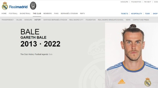 Gareth Bale at Real Madrid&#039;s legends section / Real Madrid´s offcial website