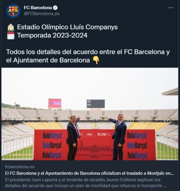 Barcelona jugará en el Estadio Olímpico (Twitter @FCBarcelona_es)