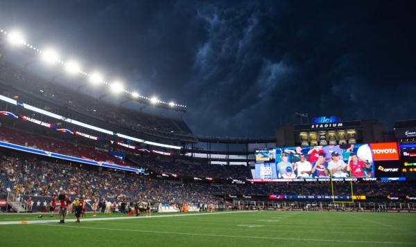 Clouds roll in at Gillette Stadium prior to the start of the game between the Washington Football Team and New England Patriots on August 12, 2021 in Foxborough, Massachusetts. (Photo by Kathryn Riley/Getty Images)