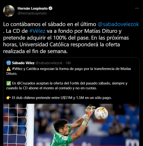 Vélez oferta Matías Dituro