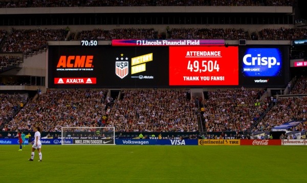 A general view of the scoreboard showing the attendance of the second game of the USWNT Victory Tour between Portugal and the United States at Lincoln Financial Field on August 29, 2019 in Philadelphia, Pennsylvania. The United States defeated Portugal 4-0. (Photo by Mitchell Leff/Getty Images) \