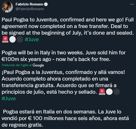 Pogba llegó un acuerdo con Juventus (Twitter @FabrizioRomano)