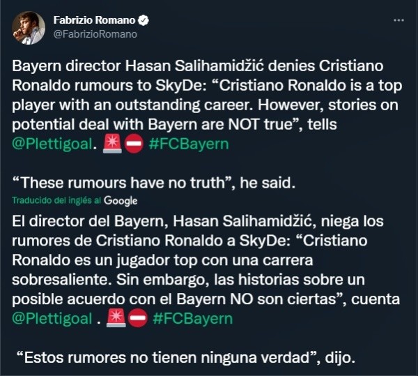 Bayern niega interés por Cristiano Ronaldo (Twitter @FabrizioRomano)