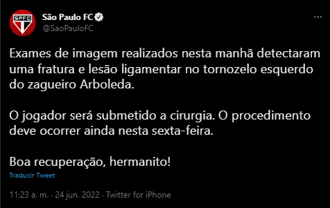 Twitter Sao Paulo lesión Robert Arboleda Twitter Sao Paulo lesión Robert Arboleda