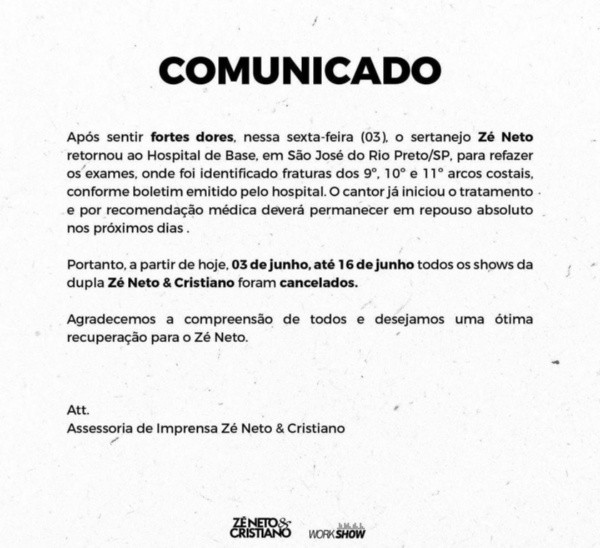 Reprodução/Instagram oficial de Zé Neto - Assessoria cancela shows por problemas de saúde do cantor.