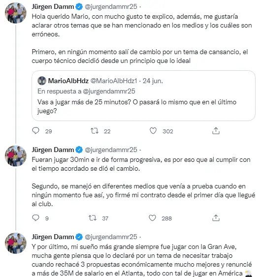 Los mensajes de Damm en su cuenta de Twitter.