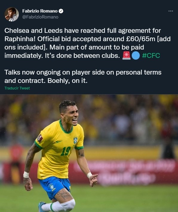 Leeds acuerda con Chelsea por Raphinha, según Fabrizio Romano