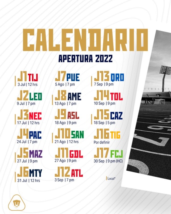 El calendario de Pumas en el Apertura 2022 de la Liga MX. @PumasMX