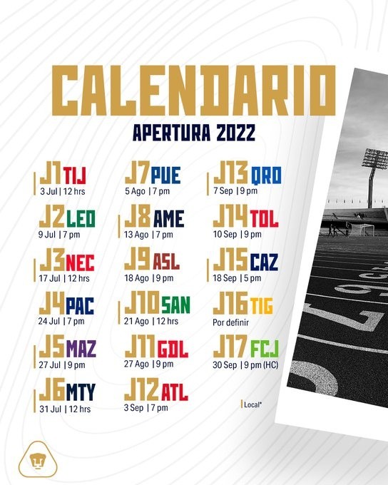 El calendario de Pumas en el Apertura 2022. @PumasMX