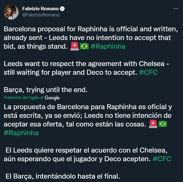 Barcelona y su oferta a Leeds por Raphinha