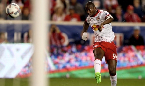 Bradley Wright-Phillips #99 of New York Red Bulls takes a shot in the first half against the D.C. United at Red Bull Arena on April 15, 2017 in Harrison, New Jersey. (Photo by Elsa/Getty Images)