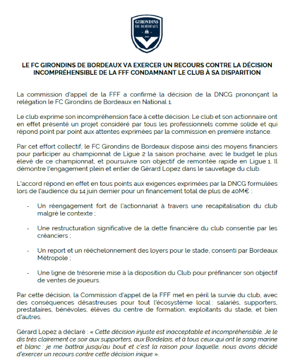 Documento de la pérdida de categoría. Twitter: @Girondins.