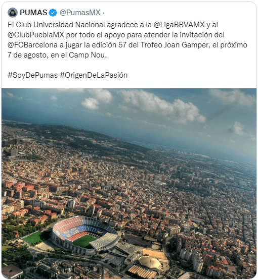 Pumas agradeció a Puebla por no oponerse al cambio de fecha a causa del viaje a Barcelona.