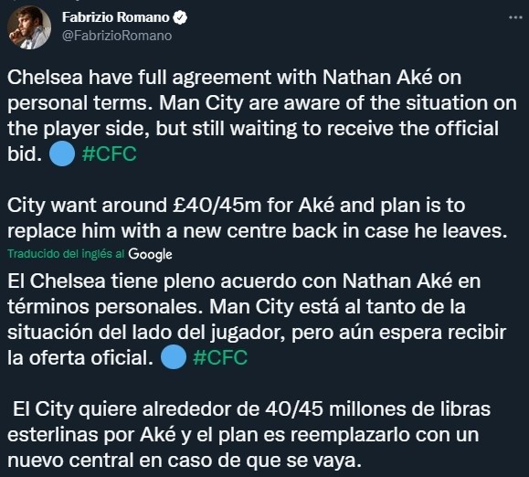 Nathan Aké, cerca de ser jugador de Chelsea, según Fabrizio Romano