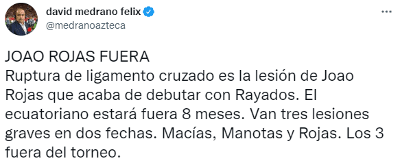 Confirman la lesión de Joao Rojas. (@medranoazteca)