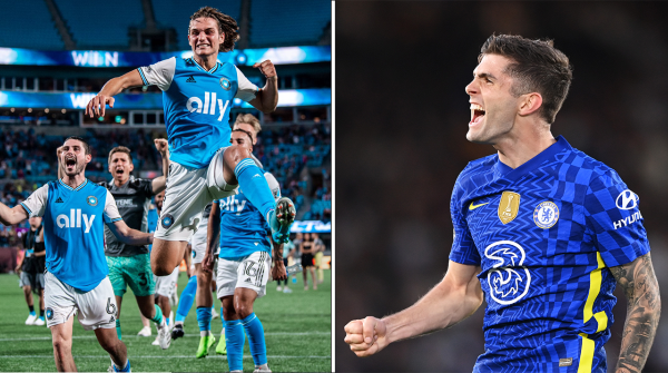 Charlotte FC players celebrate a goal against Nashville SC on July 2022 (Courtesy: @CharlotteFC on Twitter), Christian Pulisic celebrates a goal against Leeds United (Photo by Stu Forster/Getty Images)