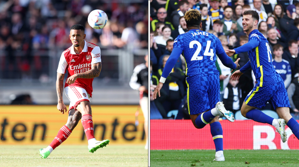 Gabriel Jesus of Arsenal shoots during the pre-season friendly match between 1. FC Nürnberg and Arsenal F.C. at Max-Morlock-Stadion on July 08, 2022 in Nuremberg, Germany. (Photo by Alexander Hassenstein/Getty Images), Mason Mount of Chelsea celebrates after scoring their side's first goal during the Premier League match between Leeds United and Chelsea at Elland Road on May 11, 2022 in Leeds, England. (Photo by Clive Brunskill/Getty Images)