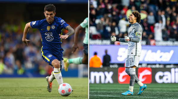 Christian Pulisic in action during a Premier League match (Photo by Mike Hewitt/Getty Images). Guillermo Ochoa celebrates his team’s goal on April 2022 (Photo by Francisco Vega/Getty Images).