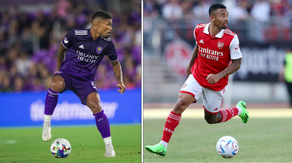 Júnior Urso controls a ball in a Major League soccer match (Courtesy: @OrlandoCitySC on Twitter). Gabriel Jesus runs with the ball during a preseason friendly against FC Nurnberg (Photo by Alexander Hassenstein/Getty Images). 