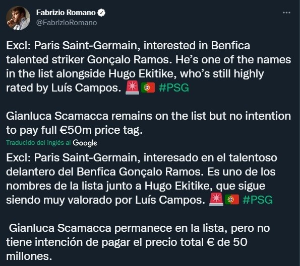 Gonçalo Ramos, el posible nuevo objetivo de PSG para su ataque (Twitter @FabrizioRomano)