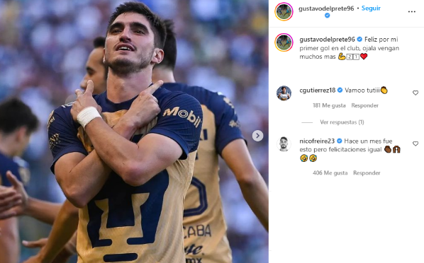 Gustavo del Prete tardó cinco días en postear por su gol al León. Instagram