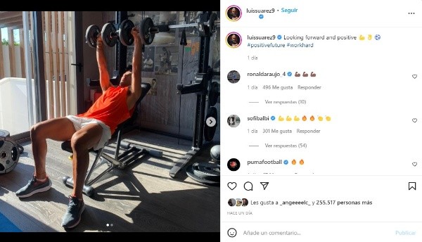 Luis Suárez en trabajo de gimnasio en ‘pretemporada’. Instagram.