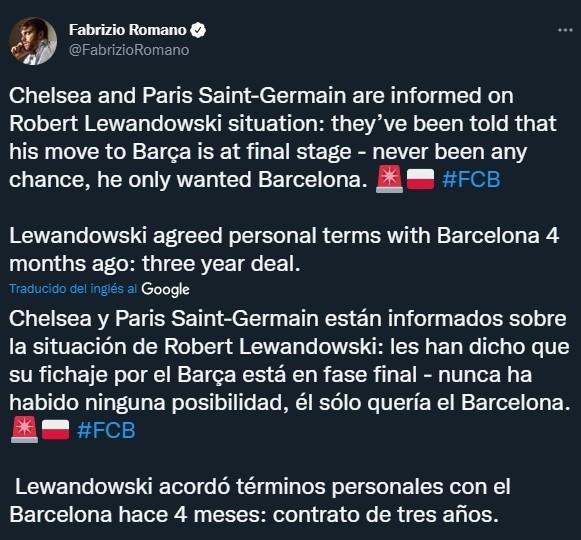 Lewandowski nunca pensó en los intereses de PSG y Chelsea (Twitter @FabrizioRomano)