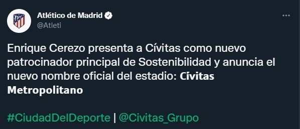 Cívitas Metropoliano, el nuevo nombre para el estadio de Atlético de Madrid (Twitter @Atleti)