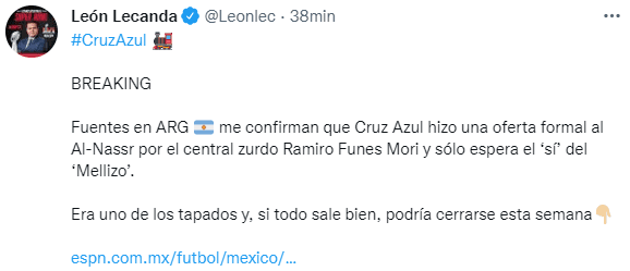 ¿Ramiro Funes Mori a Cruz Azul? (@leonlec)