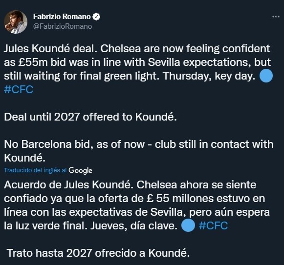 La oferta de Chelsea por Koundé, objetivo de Barcelona (Twitter @FabrizioRomano)