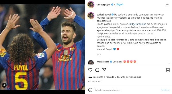 Gran mensaje de Puyol a Piqué. Instagram.