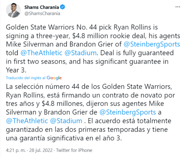 Ryan Rollins firmará con Warriors (Foto: @ShamsCharania)