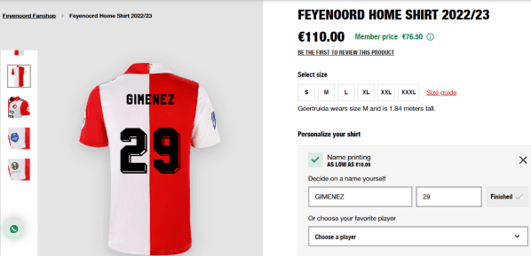 El jersey tiene un costo de 110 euros con el dorsal de Santi Giménez. (Fanshop Feyenoord)
