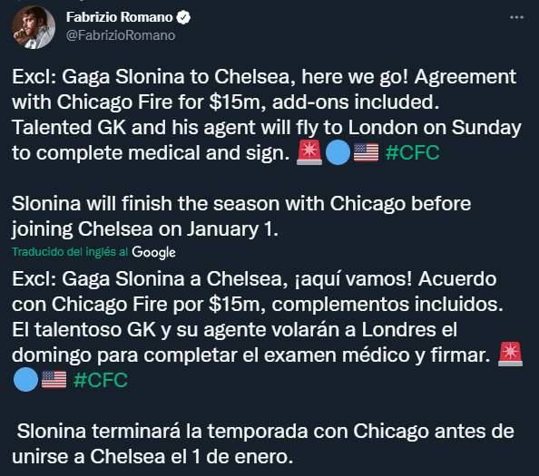 Gabriel Slonina será nuevo arquero de Chelsea (Twitter @FabrizioRomano)