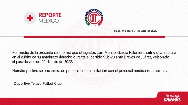 Reporte oficial de Toluca sobre Luis García (Twitter)