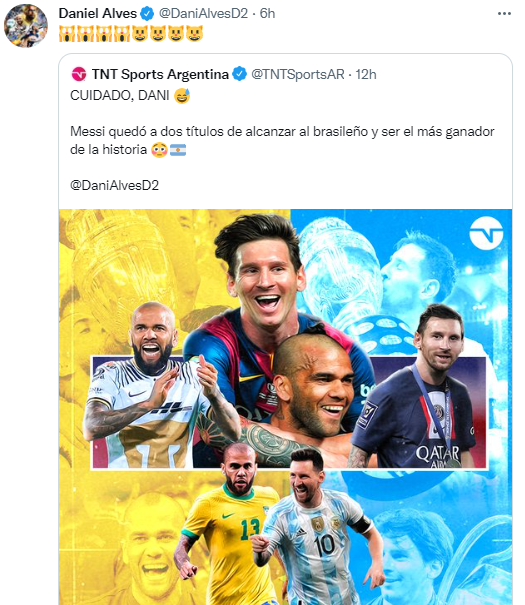 Dani Alves reacciona al título 41 de Messi. (@DaniAlvesD2)