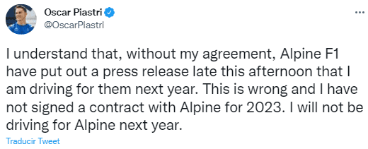 Oscar Piastri desmiente a Alpine. (@OscarPiastri)