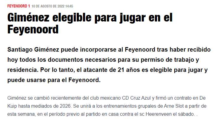 Oficializan la habilitación de Santi Giménez. (Feyenoord oficial)