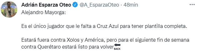 Cuándo regresaría Mayorga en Cruz Azul. (@A_EsparzaOteo)